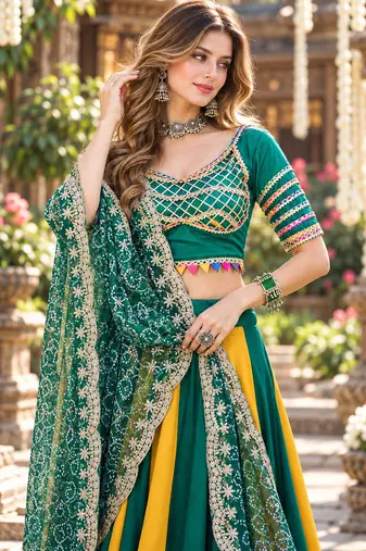 Emerald&Mustard Cotton Readymade Navratri Lehenga Choli with Bandhej Lace Work
