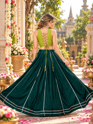 D Green Cotton Readymade Navratri Lehenga Choli with Embroidery & Thread Work 3