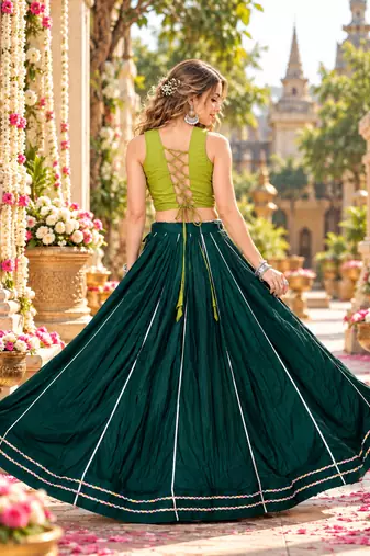 D Green Cotton Readymade Navratri Lehenga Choli with Embroidery & Thread Work