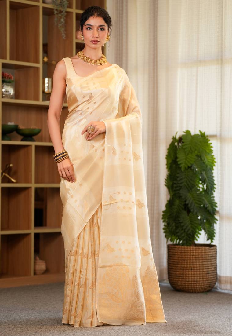 Aarini- Silk blend saree with contrast blouse piece Hand Embroidery