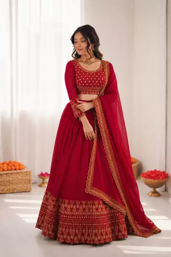 red vichitra silk thread with sequence designer lehenga choli
