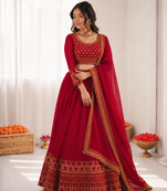 red vichitra silk thread with sequence designer lehenga choli