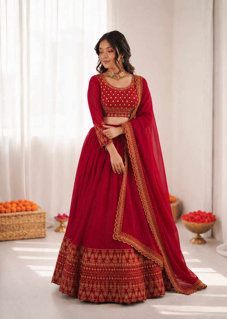 red vichitra silk thread with sequence designer lehenga choli