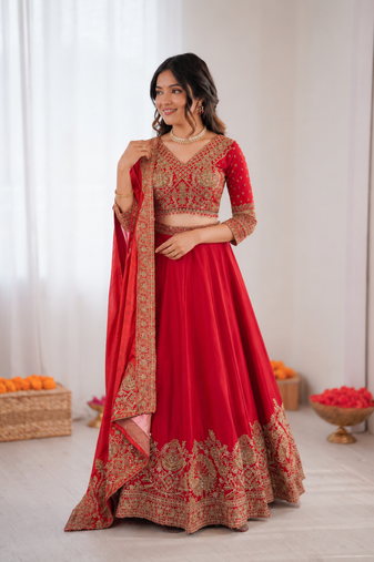 red chinon silk coding with sequence designer lehenga choli