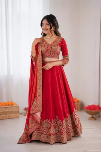 red chinon silk coding with sequence designer lehenga choli