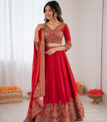 red chinon silk coding with sequence designer lehenga choli