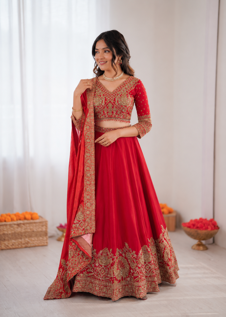 red chinon silk coding with sequence designer lehenga choli