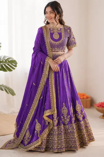violet vichitra silk thread with sequence designer lehenga choli