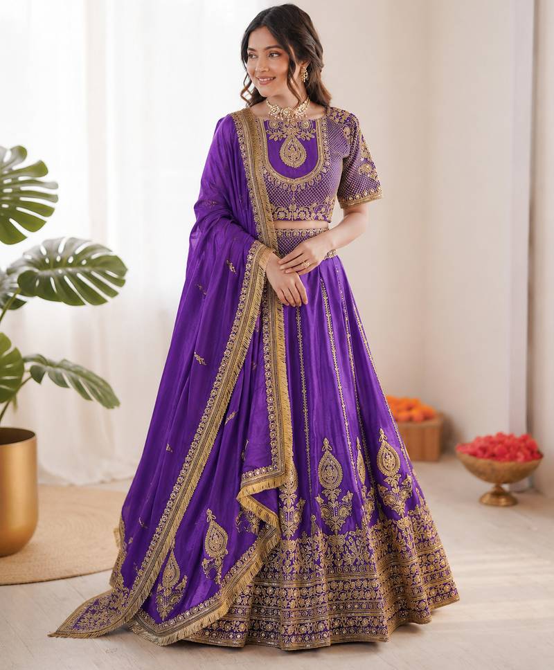 violet vichitra silk thread with sequence designer lehenga choli
