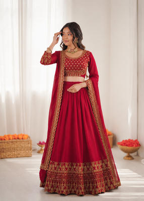 red vichitra silk thread with sequence designer lehenga choli 2
