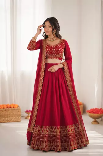red vichitra silk thread with sequence designer lehenga choli