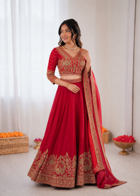 red chinon silk coding with sequence designer lehenga choli 2