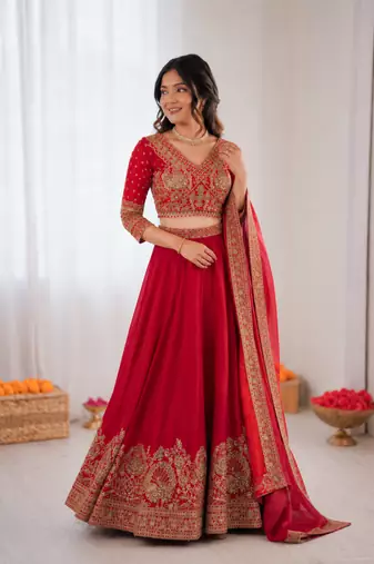 red chinon silk coding with sequence designer lehenga choli