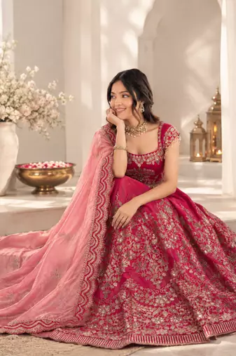 pink chanderi silk thread with sequence designer lehenga choli