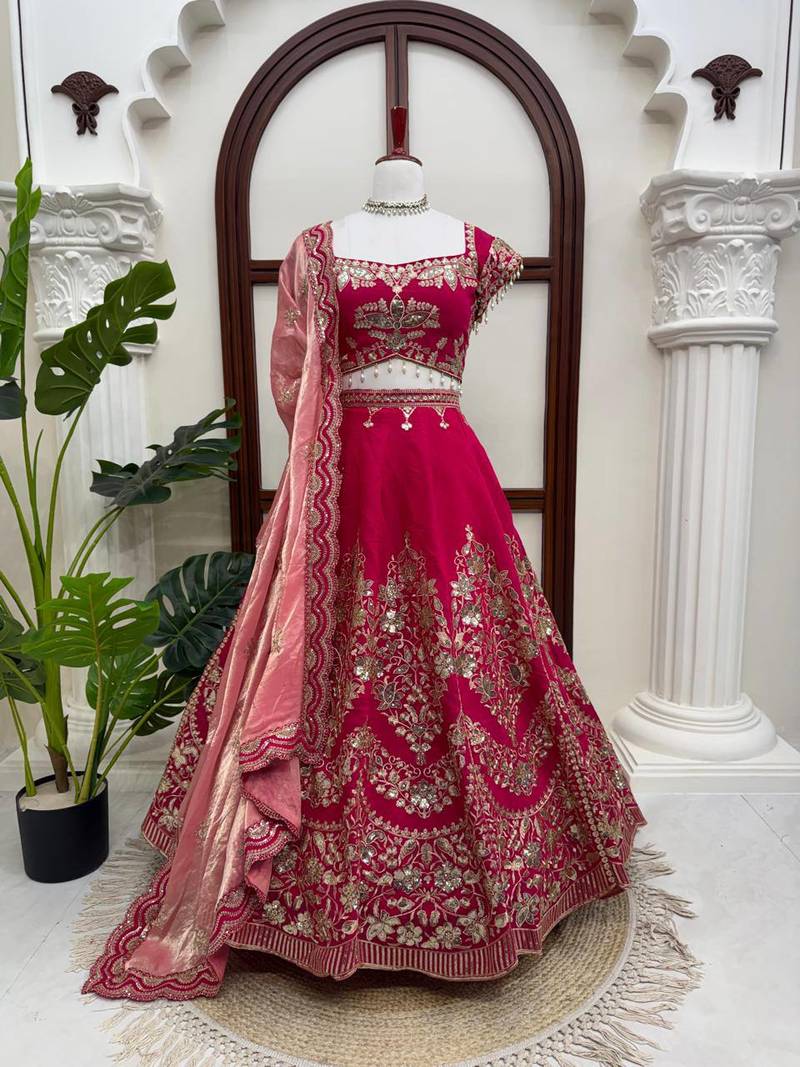 pink chanderi silk thread with sequence designer lehenga choli