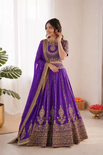 violet vichitra silk thread with sequence designer lehenga choli