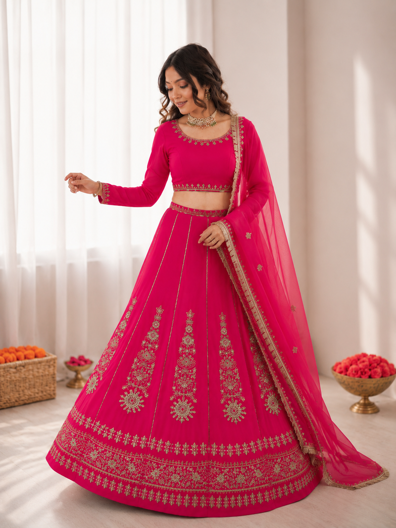 rani pinik chinon silk thread with sequence designer lehenga choli
