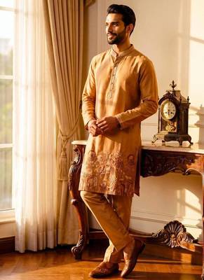 Cognac linen kurta pant set with embroidery & handwork 1