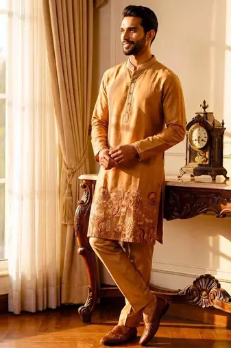 Cognac linen kurta pant set with embroidery & handwork