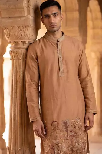 Cognac linen kurta pant set with embroidery & handwork