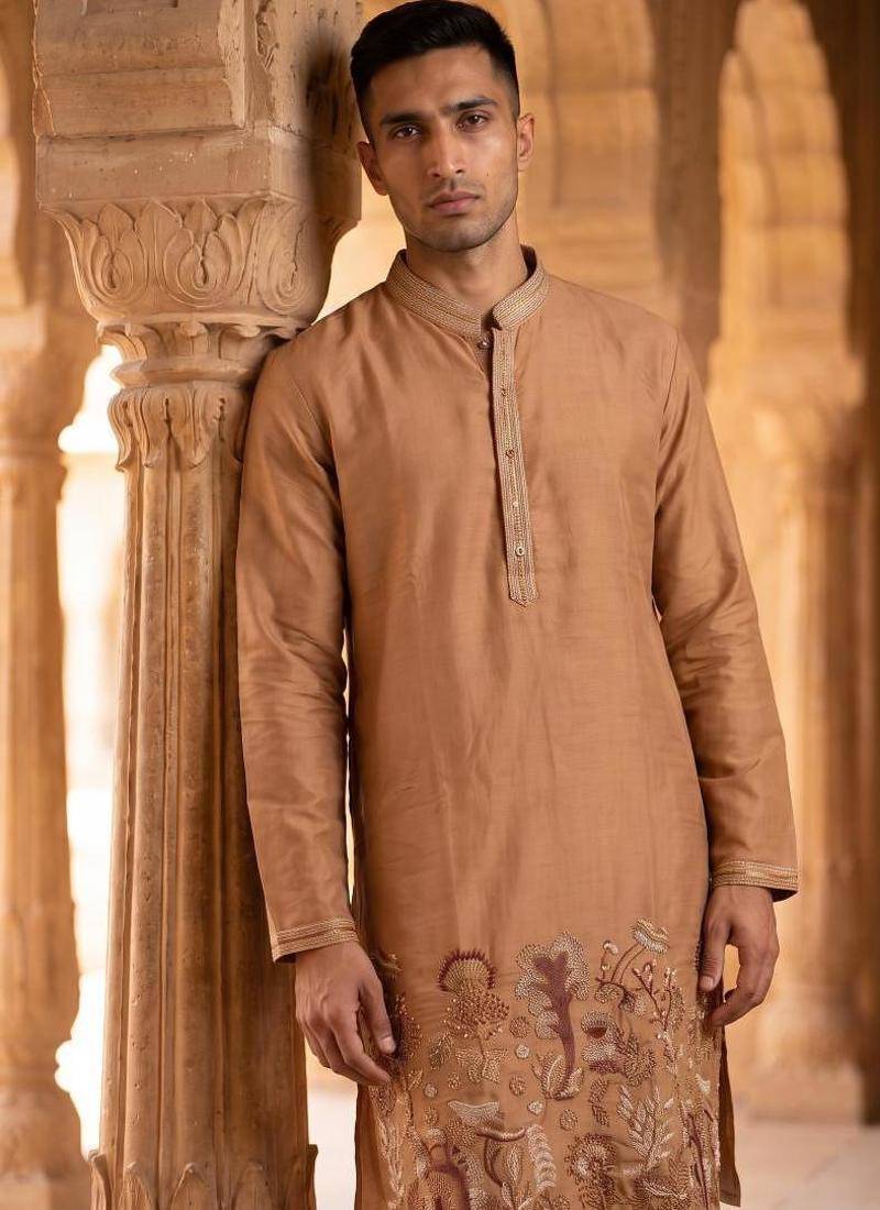 Cognac linen kurta pant set with embroidery & handwork