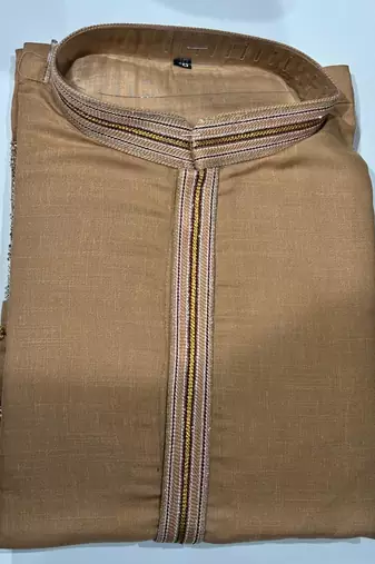 Cognac linen kurta pant set with embroidery & handwork