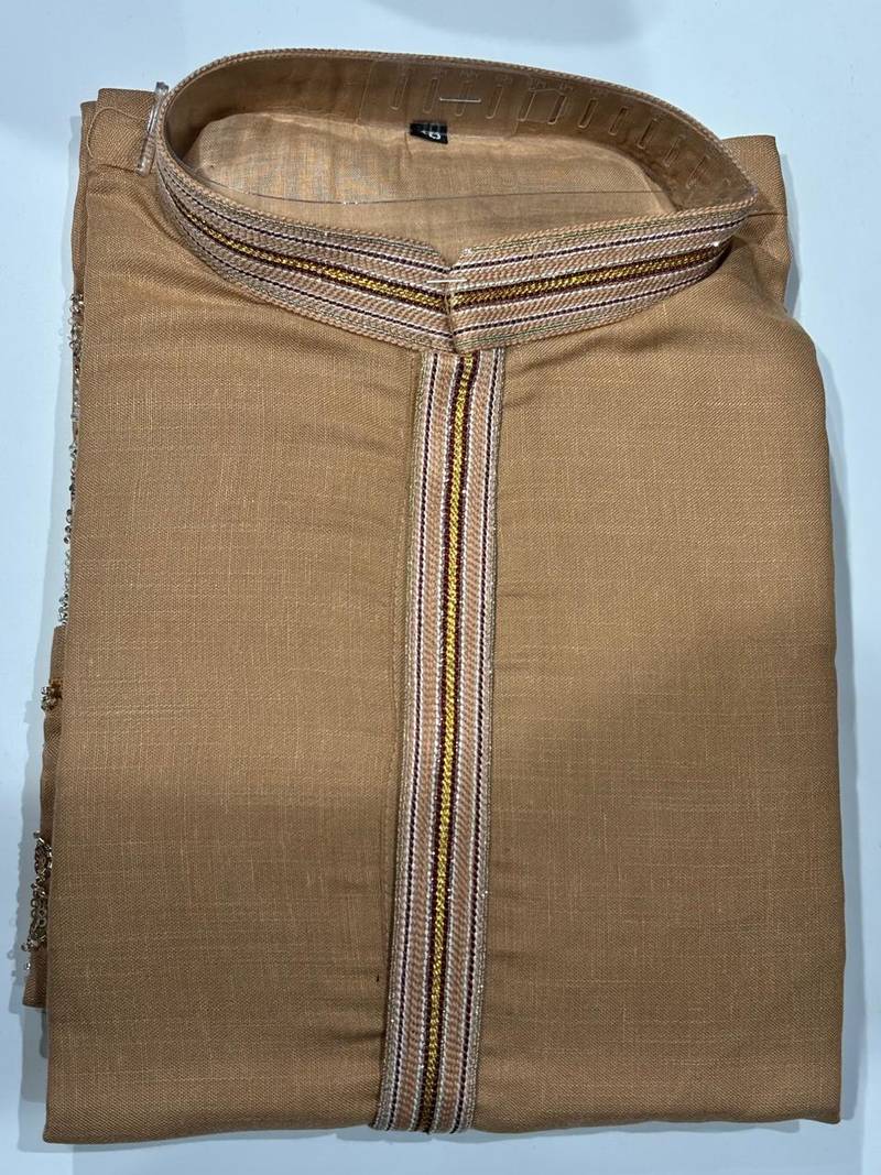 Cognac linen kurta pant set with embroidery & handwork