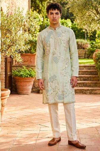 Cream tissue kurta pant set with embroidery and sequin work