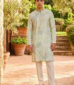 Cream tissue kurta pant set with embroidery and sequin work