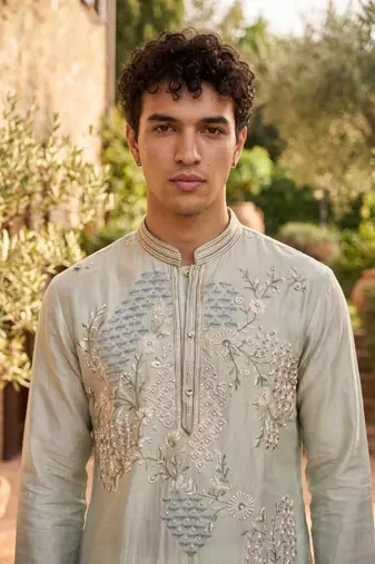 Cream tissue kurta pant set with embroidery and sequin work