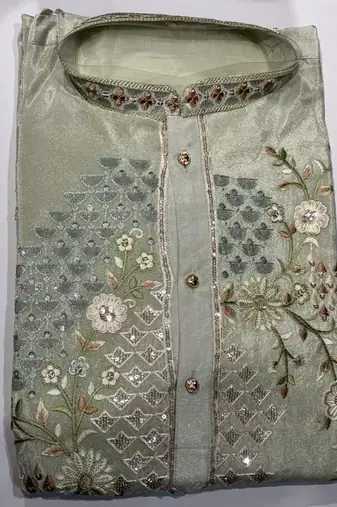 Cream tissue kurta pant set with embroidery and sequin work