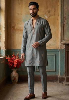 Grey silk kurta pant set with embroidery and sequin work 1
