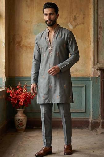 Grey silk kurta pant set with embroidery and sequin work