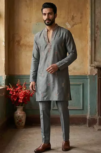 Grey silk kurta pant set with embroidery and sequin work
