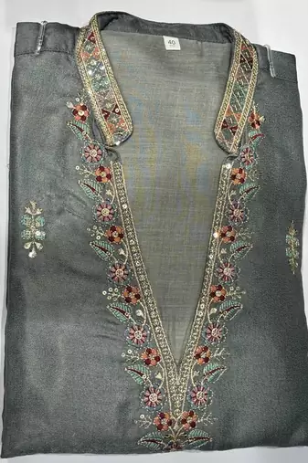 Grey silk kurta pant set with embroidery and sequin work