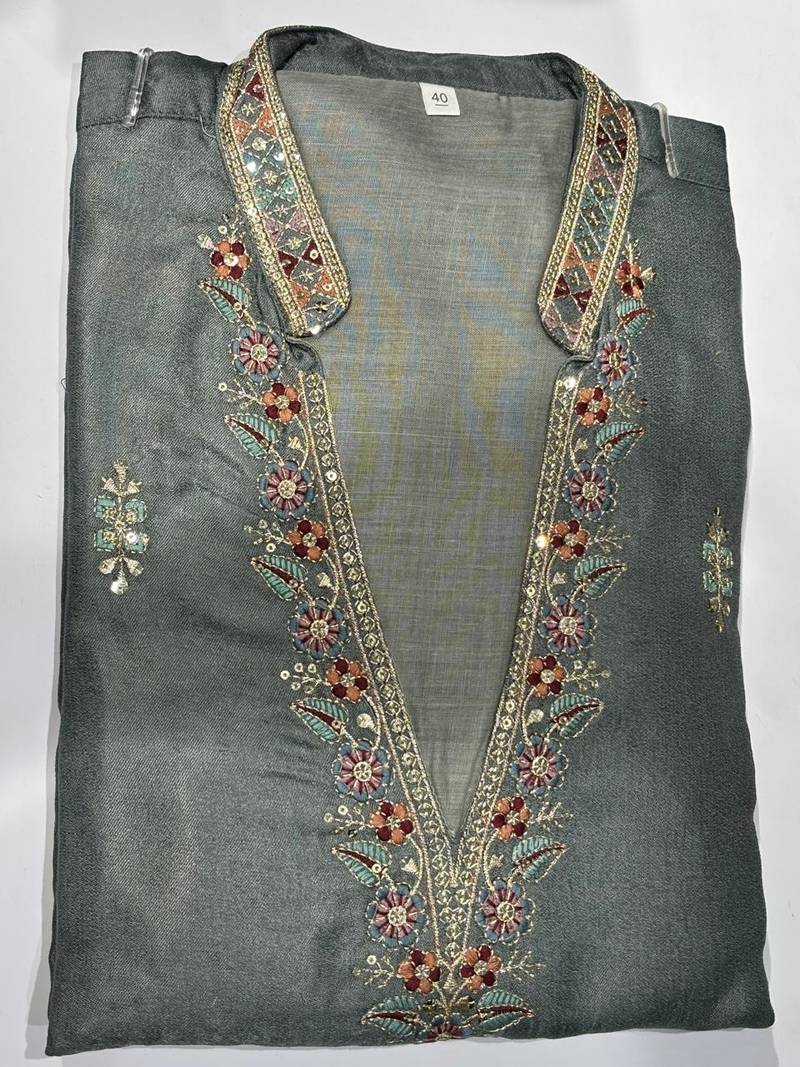 Grey silk kurta pant set with embroidery and sequin work