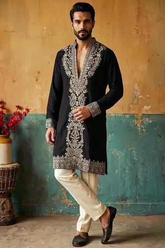 Cream cotton kurta pant set with embroidery work