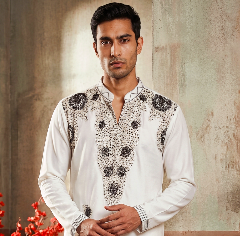 White lachka kurta pant set withembroidery and handwork