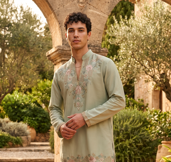 Light green gorgette kurta pant set with embroidery work 1