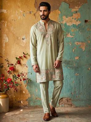 Light green gorgette kurta pant set with embroidery work 2