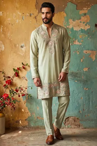 Light green gorgette kurta pant set with embroidery work