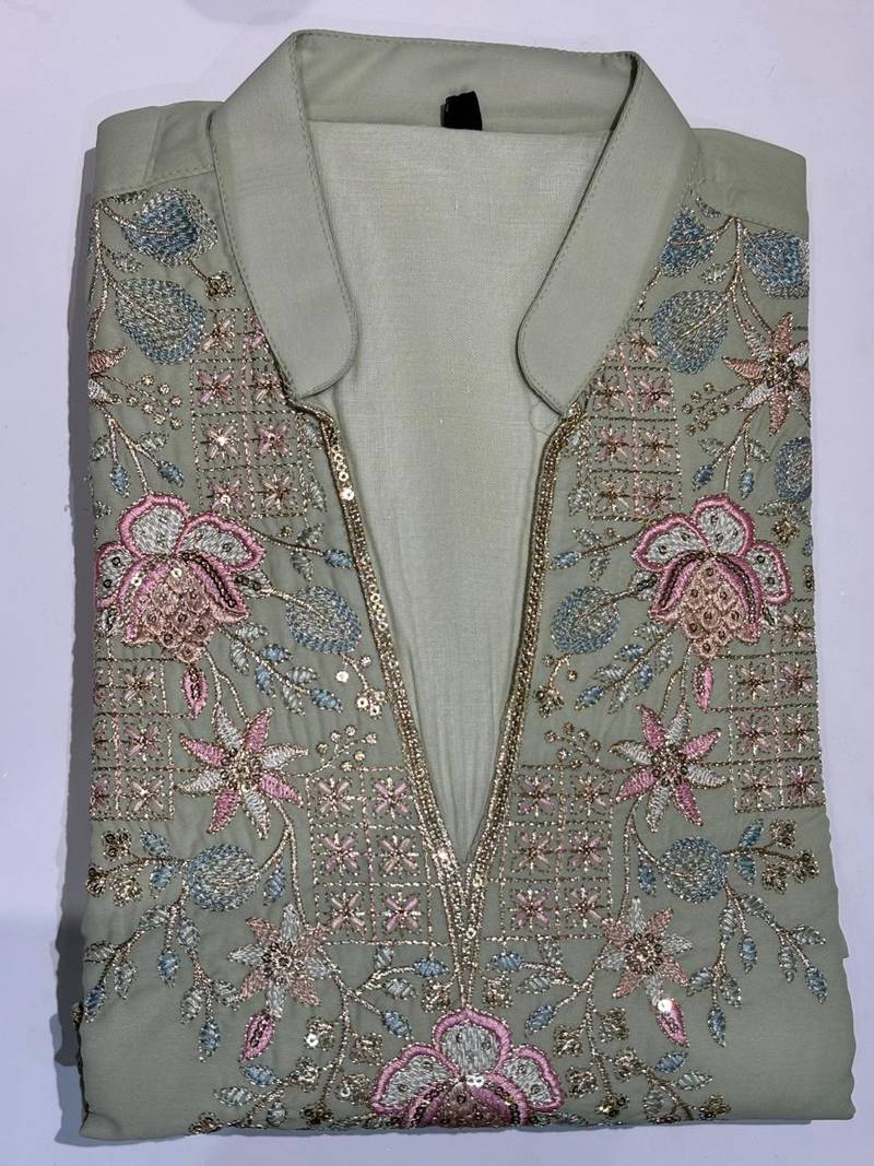 Light green gorgette kurta pant set with embroidery work