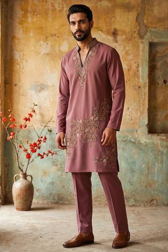 Peach green lachka kurta pant set with embroidery and sequin work
