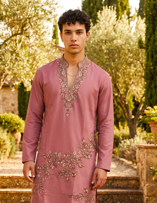 Peach green lachka kurta pant set with embroidery and sequin work 2