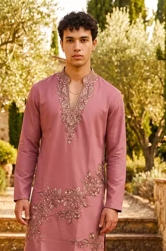Peach green lachka kurta pant set with embroidery and sequin work