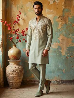 Light green lachka kurta pant set with embroidery and mirror work 1