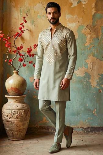 Light green lachka kurta pant set with embroidery and mirror work