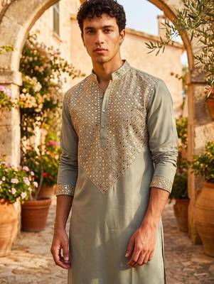 Light green lachka kurta pant set with embroidery and mirror work 2