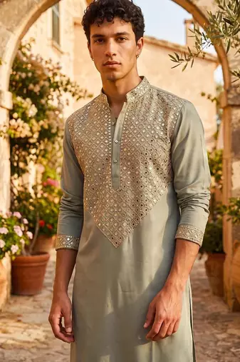 Light green lachka kurta pant set with embroidery and mirror work