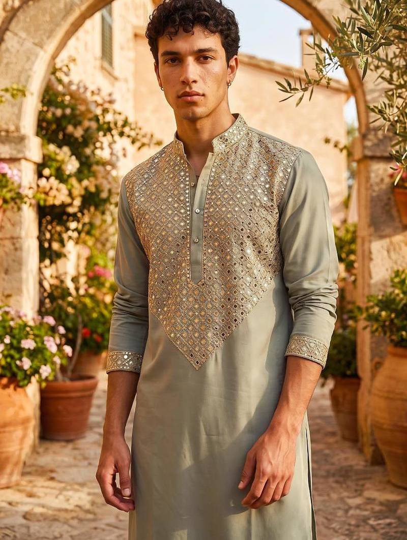 Light green lachka kurta pant set with embroidery and mirror work